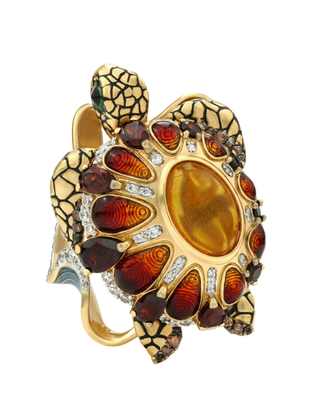 Кольцо из лимонного золота c эмалью, фианитом, гранатом и янтарём
