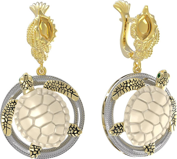 Серьги из лимонного золота c эмалью и бивнем мамонта