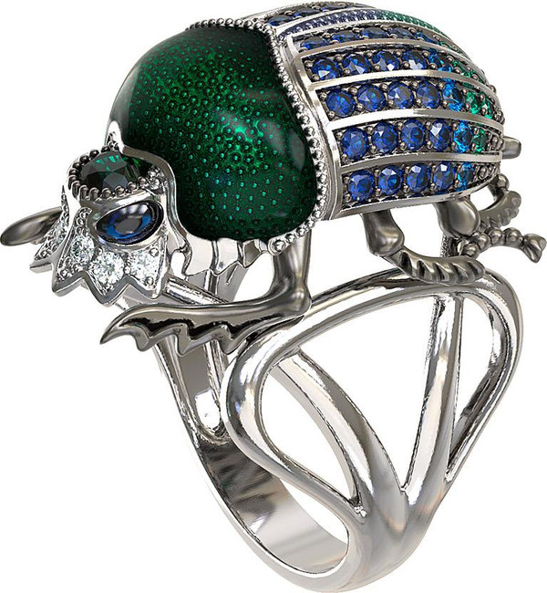 Кольцо из белого золота c эмалью, фианитом и сапфиром