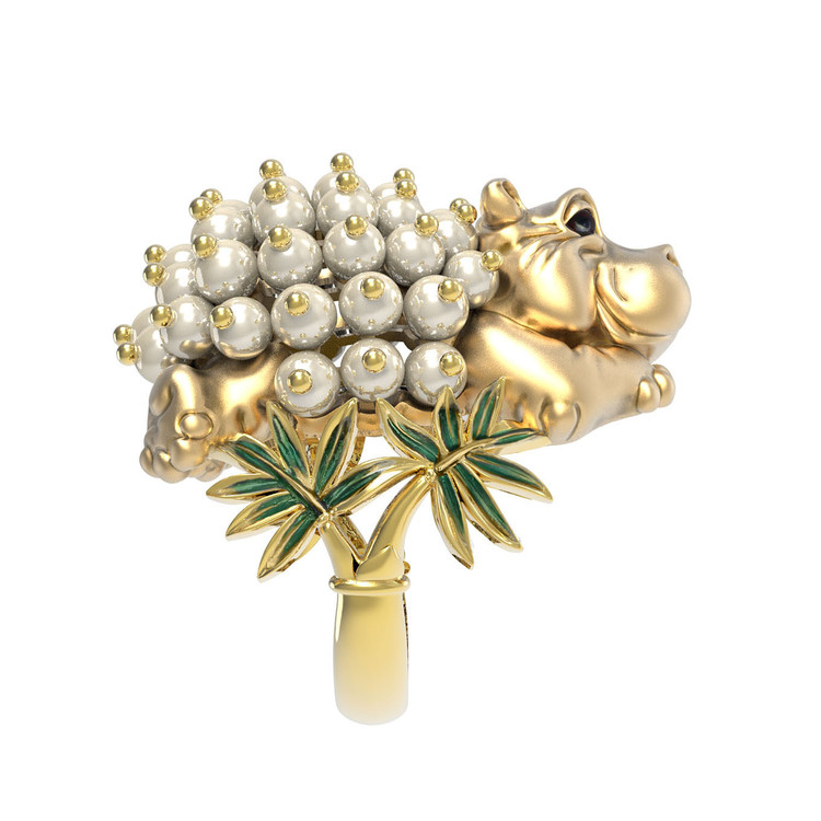 Кольцо из лимонного золота c эмалью и жемчугом