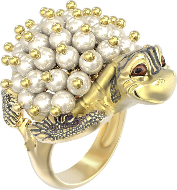 Кольцо из лимонного золота c эмалью и жемчугом