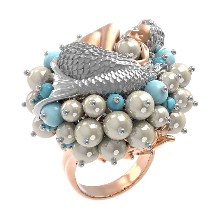 Кольцо из золота c жемчугом и бирюзой