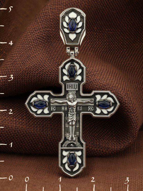 Крест из белого золота c эмалью и сапфиром