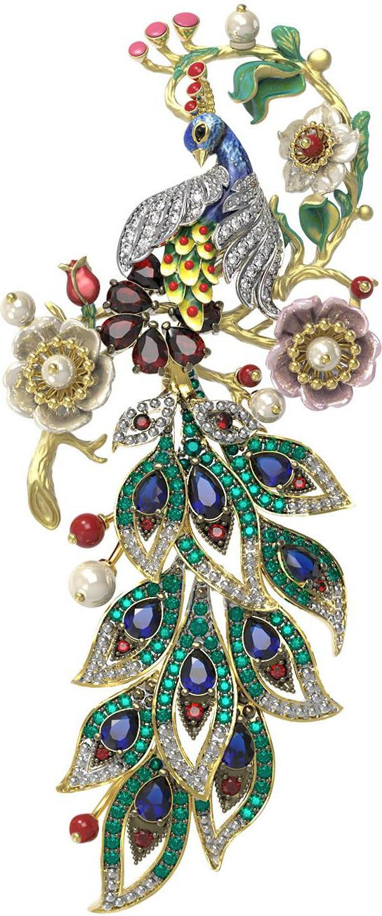 Брошь из лимонного золота c эмалью, фианитом, гранатом, жемчугом, сапфиром, кораллом и перламутром