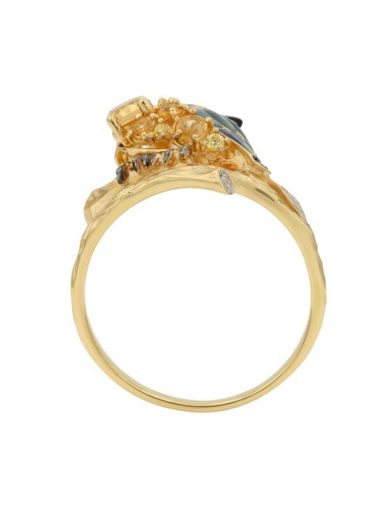Кольцо из лимонного золота c эмалью, фианитом, цитрином и сапфиром