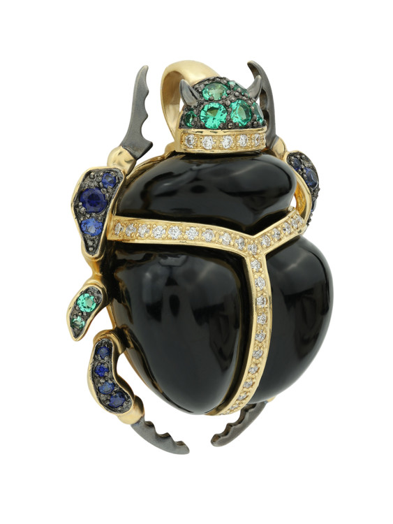 Подвеска из лимонного золота c бриллиантами, сапфиром, изумрудом, ониксом и изумрудом