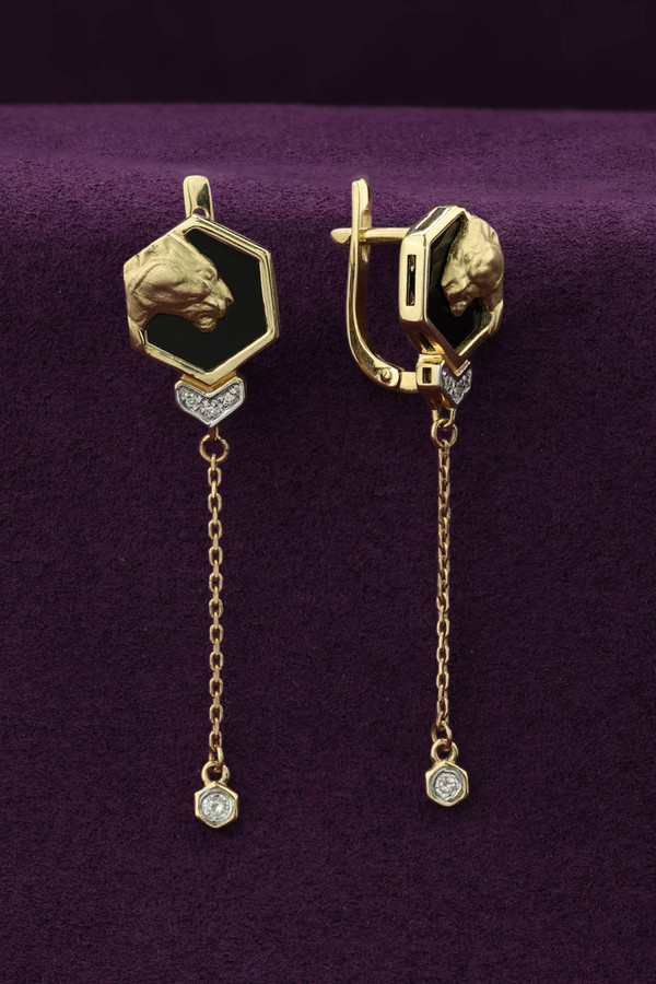 Серьги из лимонного золота c бриллиантами и ониксом