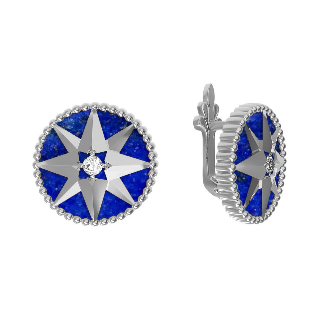 Серьги из белого золота c фианитом и лазуритом