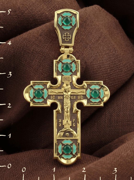 Крест из лимонного золота c эмалью и хризопразом