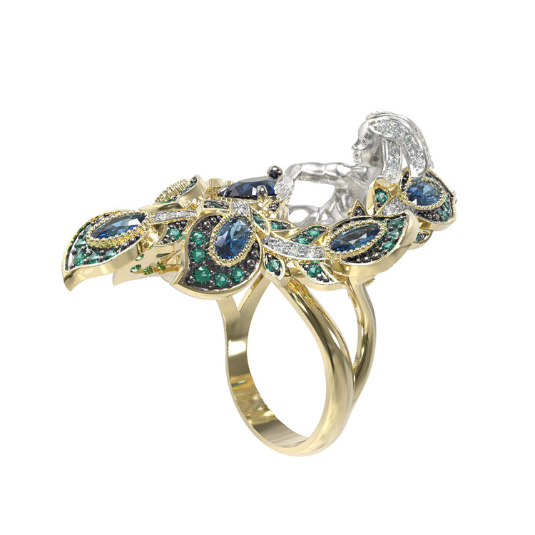 Кольцо из лимонного золота c фианитом и топазом London Blue