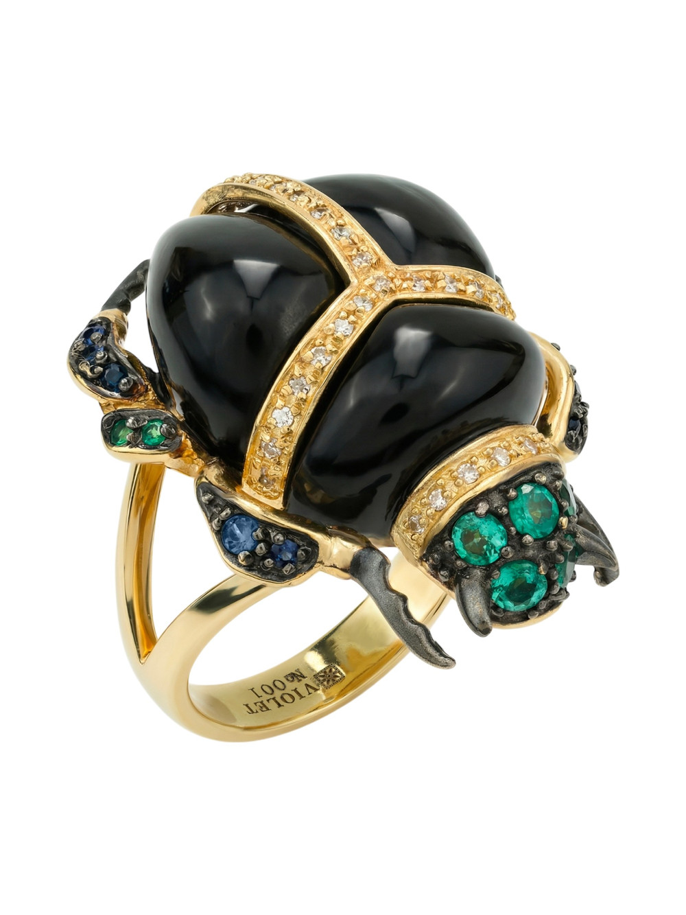Кольцо из лимонного золота c бриллиантами, сапфиром, изумрудом и ониксом