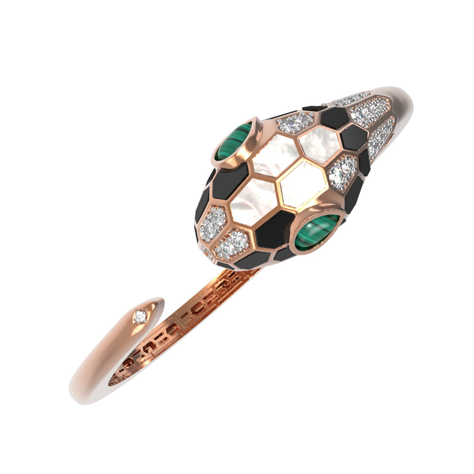 Браслет из золота c бриллиантами, рубином, ониксом, малахитом и перламутром