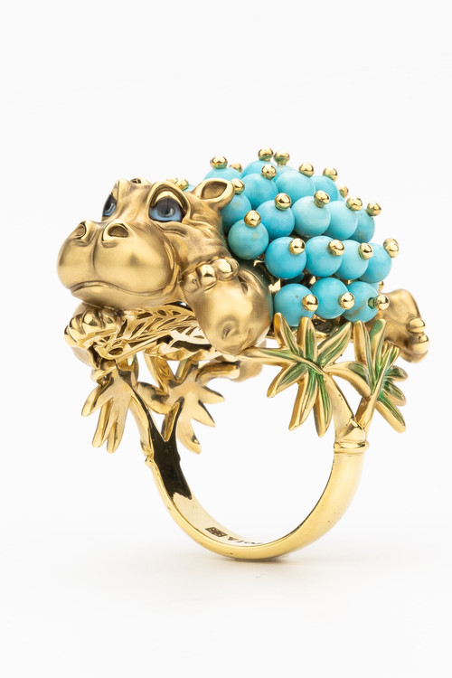 Кольцо из лимонного золота c эмалью и бирюзой