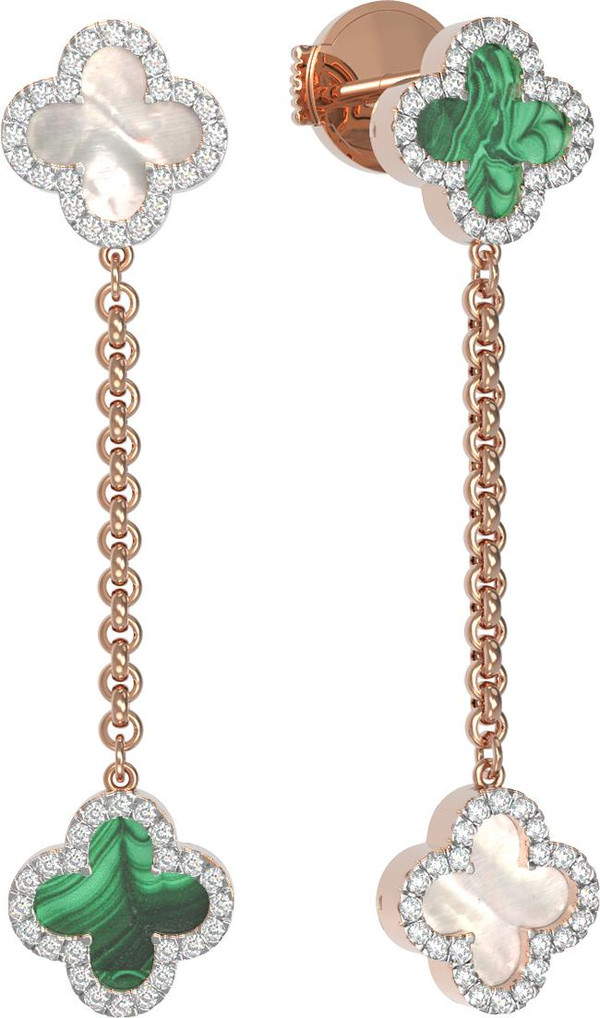 Серьги из золота c бриллиантами, малахитом и перламутром