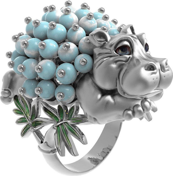 Кольцо из белого золота c эмалью и бирюзой