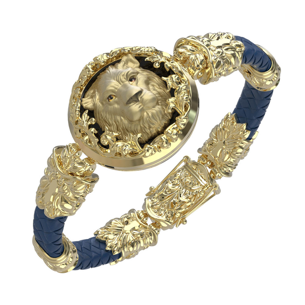 Браслет из лимонного золота c эмалью, кожаным шнурком и ониксом