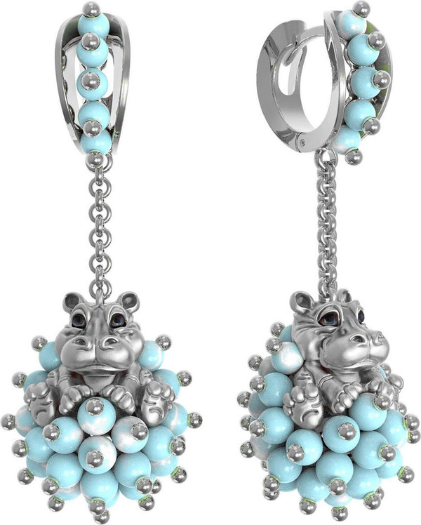 Серьги из белого золота c эмалью и бирюзой