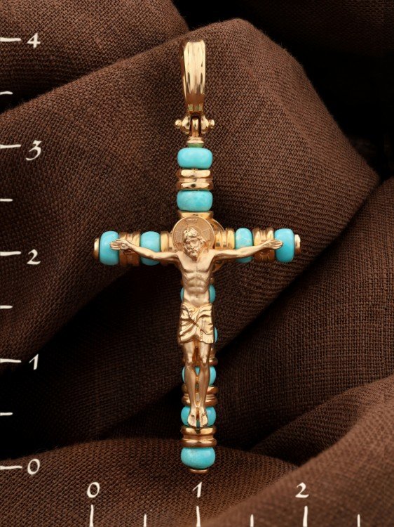 Крест из золота c бирюзой