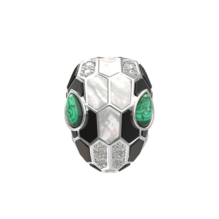 Кольцо из белого золота c бриллиантами, рубином, ониксом, малахитом и перламутром