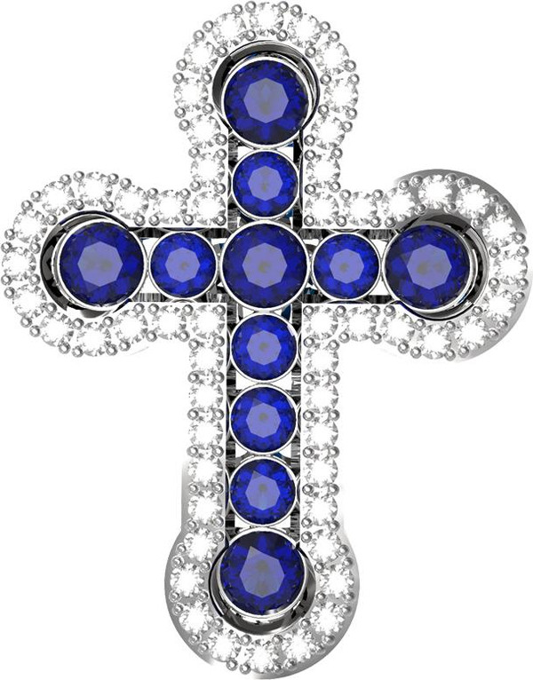 Крест из белого золота c бриллиантами и сапфиром