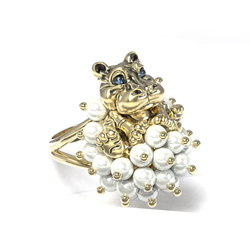 Кольцо из лимонного золота c эмалью и жемчугом