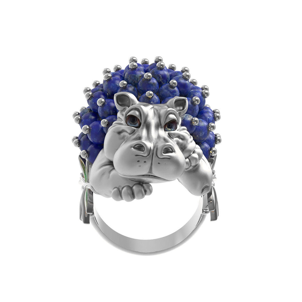 Кольцо из белого золота c эмалью и лазуритом