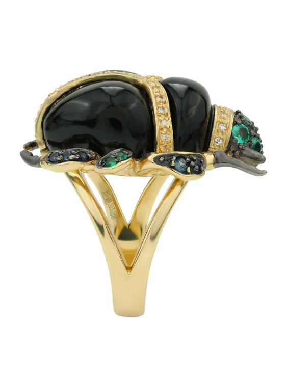 Кольцо из лимонного золота c бриллиантами, сапфиром, изумрудом и ониксом