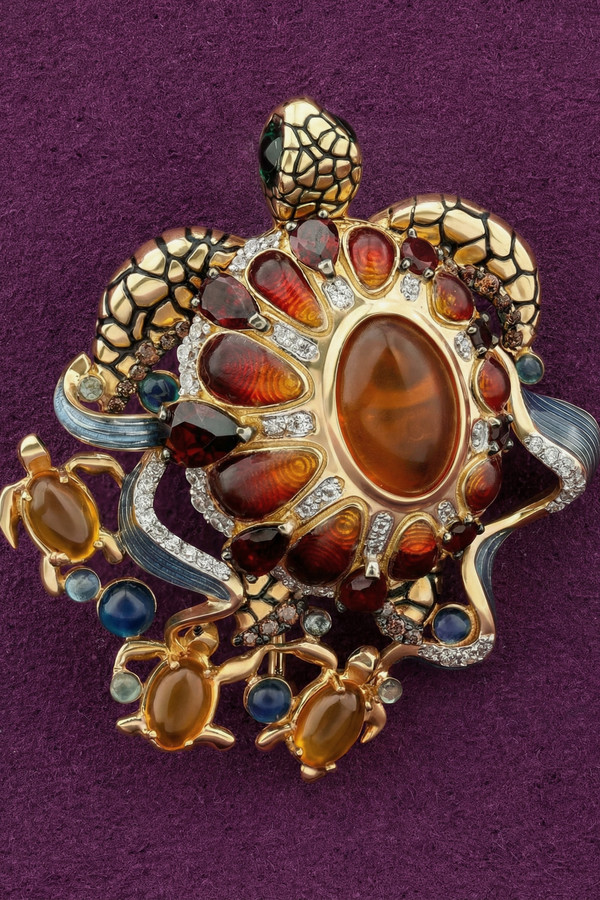 Брошь из лимонного золота c эмалью, фианитом, гранатом и янтарём