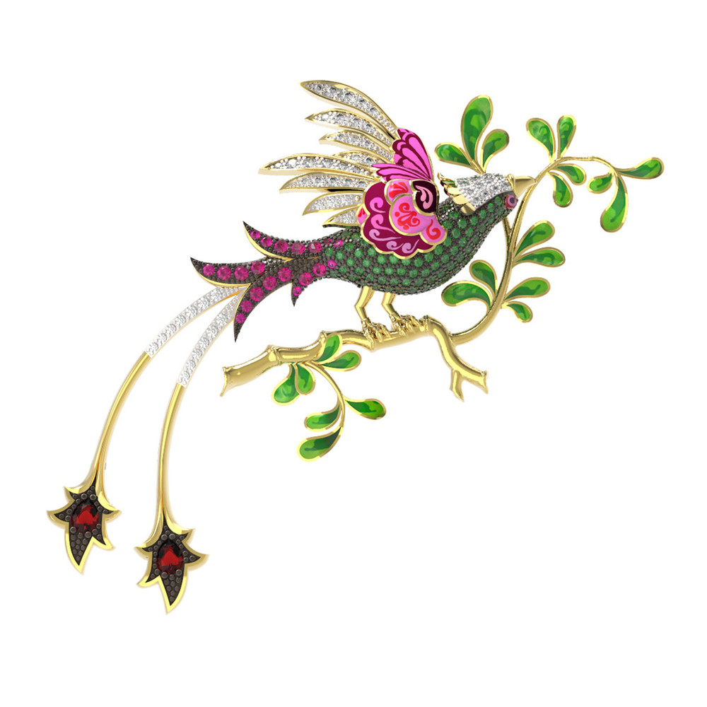 Брошь из лимонного золота c эмалью, фианитом и гранатом