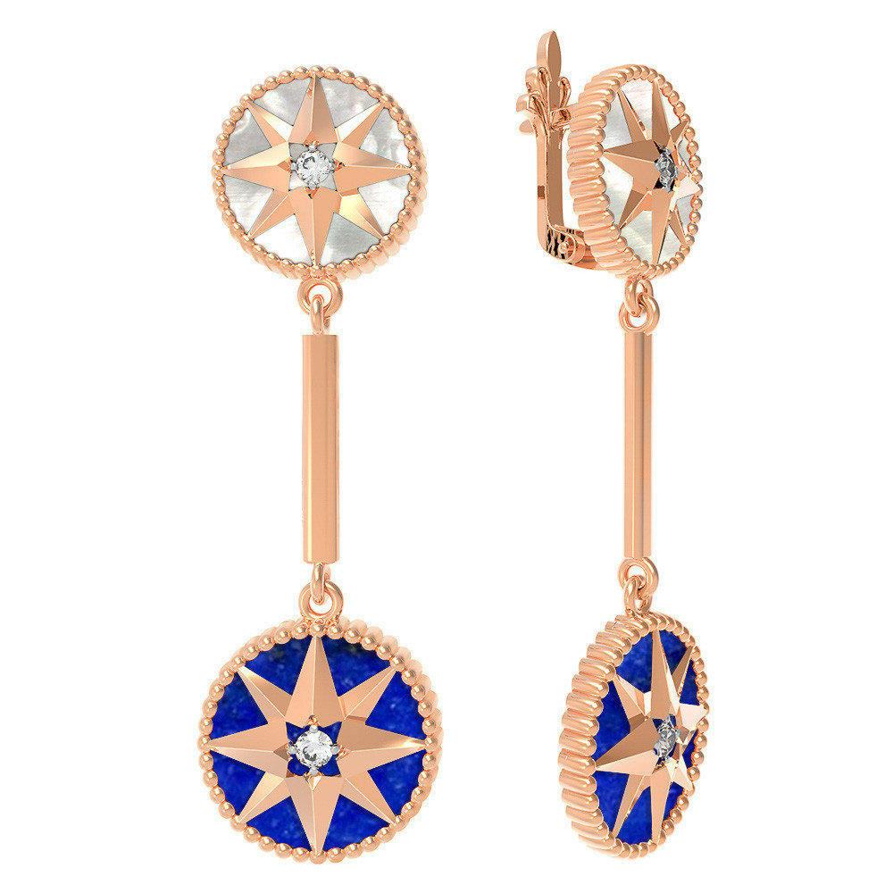 Серьги из золота c фианитом, лазуритом и перламутром