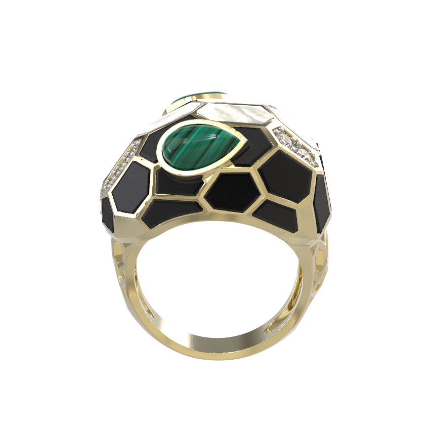 Кольцо из лимонного золота c бриллиантами, рубином, ониксом, малахитом и перламутром