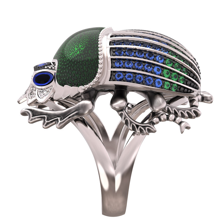 Кольцо из белого золота c эмалью, фианитом и сапфиром