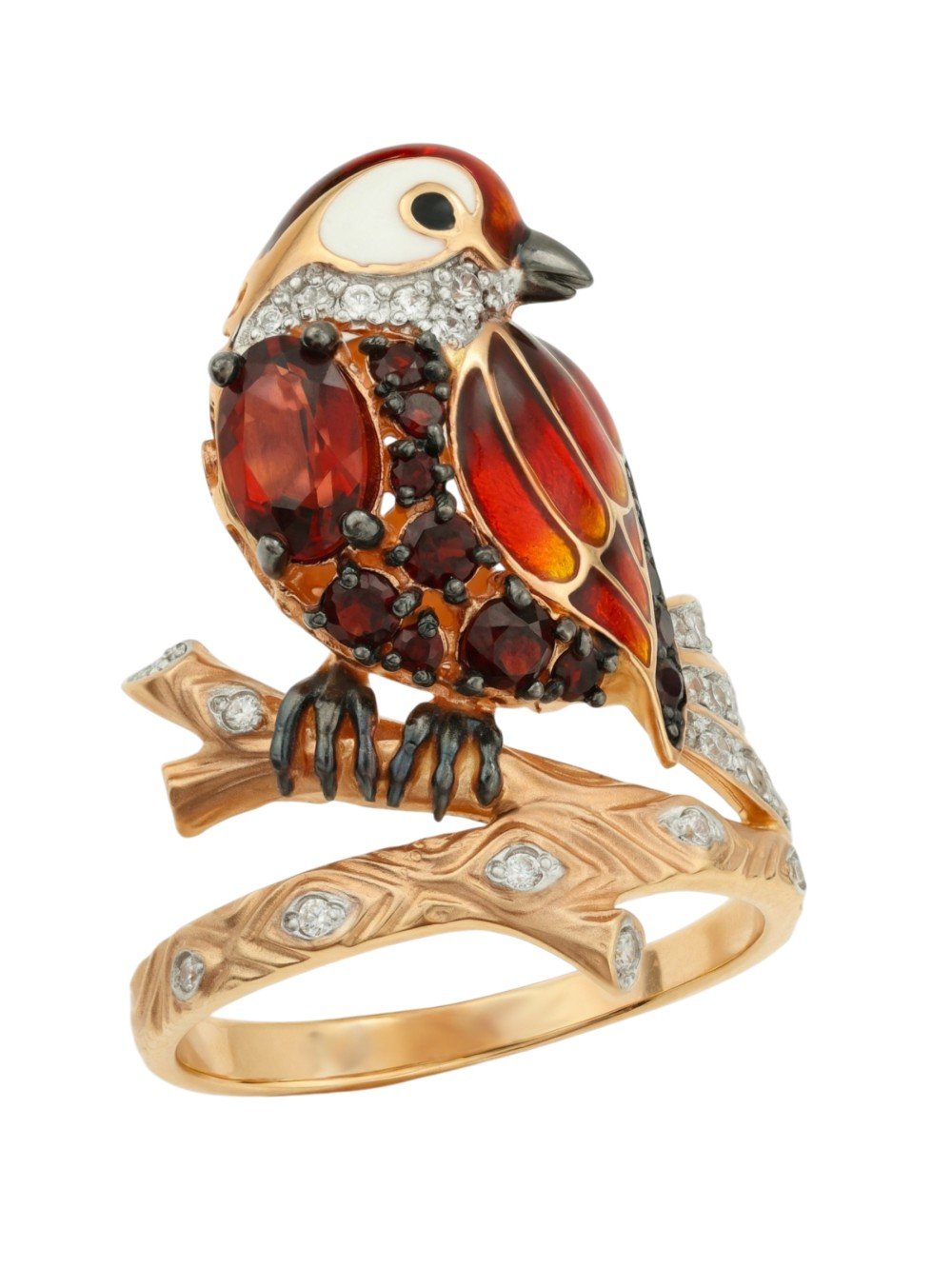 Кольцо из золота c эмалью, фианитом и гранатом