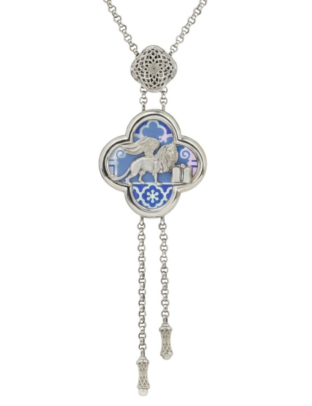 Колье из белого золота 585 пробы c эмалью, жемчугом и перламутром