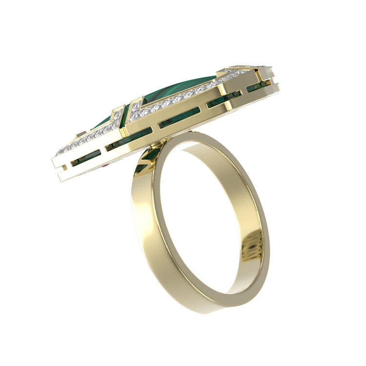 Кольцо из лимонного золота c бриллиантами, рубином и малахитом