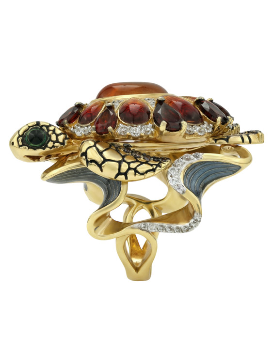 Кольцо из лимонного золота c эмалью, фианитом, гранатом и янтарём