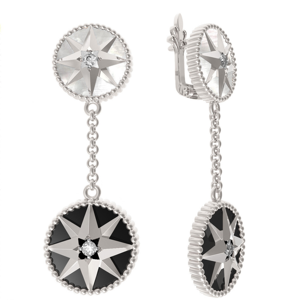 Серьги из белого золота c фианитом, ониксом и перламутром