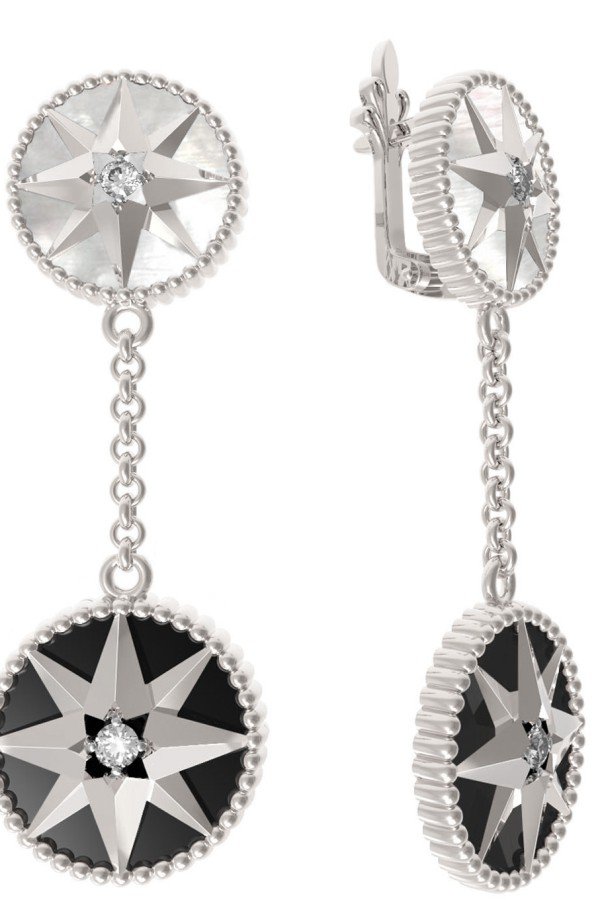 Серьги из белого золота c фианитом, ониксом и перламутром