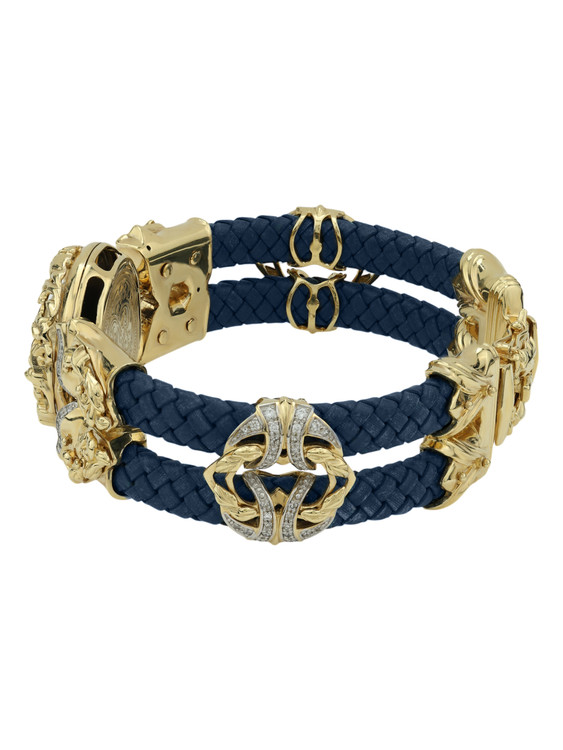 Браслет из лимонного золота c эмалью, бриллиантами, кожаным шнурком и ониксом