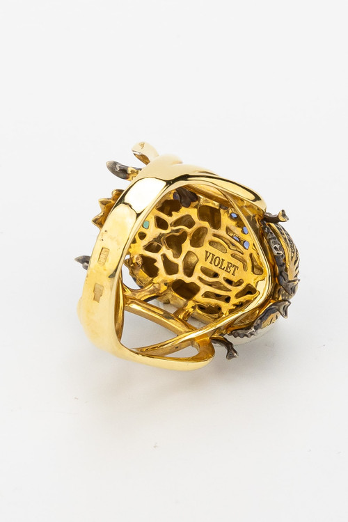 Кольцо из лимонного золота c эмалью, фианитом и турмалином