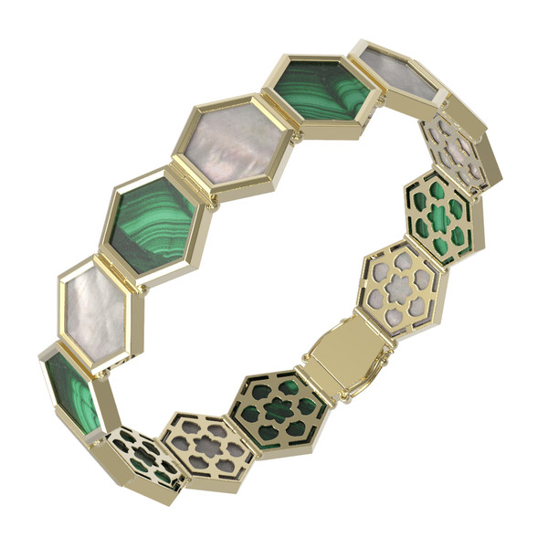 Браслет из лимонного золота c малахитом и перламутром