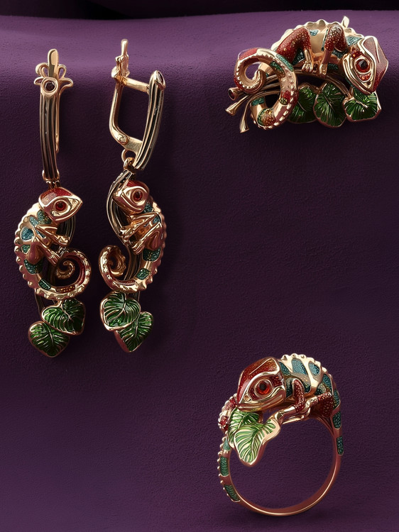 Серьги из золота c эмалью и гранатом